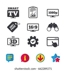 Smart TV mode icon. Aspect ratio 16:9 widescreen symbol. Full hd 1080p resolution. 3D Television sign. Browser window, Report and Service signs. Binoculars, Information and Download icons. Vector
