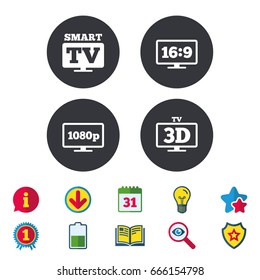 Smart TV mode icon. Aspect ratio 16:9 widescreen symbol. Full hd 1080p resolution. 3D Television sign. Calendar, Information and Download signs. Stars, Award and Book icons. Vector