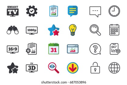 Smart TV mode icon. Aspect ratio 16:9 widescreen symbol. Full hd 1080p resolution. 3D Television sign. Chat, Report and Calendar signs. Stars, Statistics and Download icons. Question, Clock and Globe