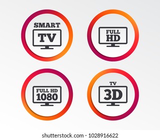 Smart TV Mode Icon. Widescreen Symbol. Full Hd 1080p Resolution. 3D Television Sign. Infographic Design Buttons. Circle Templates. Vector