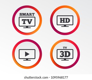 Smart TV mode icon. Widescreen symbol. High-definition resolution. 3D Television sign. Infographic design buttons. Circle templates. Vector