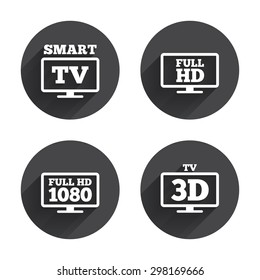 Smart TV mode icon. Widescreen symbol. Full hd 1080p resolution. 3D Television sign. Circles buttons with long flat shadow. Vector