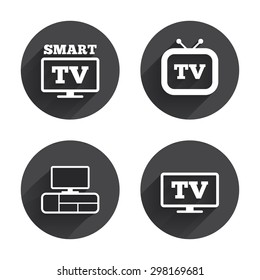 Smart TV mode icon. Widescreen symbol. Retro television and TV table signs. Circles buttons with long flat shadow. Vector