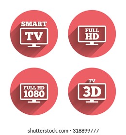 Smart TV mode icon. Widescreen symbol. Full hd 1080p resolution. 3D Television sign. Pink circles flat buttons with shadow. Vector