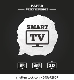 Smart TV mode icon. Widescreen symbol. Full hd 1080p resolution. 3D Television sign. Paper speech bubble with icon.