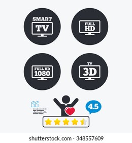 Smart TV mode icon. Widescreen symbol. Full hd 1080p resolution. 3D Television sign. Star vote ranking. Client like and think bubble. Quotes with message.