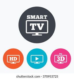 Smart TV mode icon. Widescreen symbol. High-definition resolution. 3D Television sign. Circle flat buttons with icon.