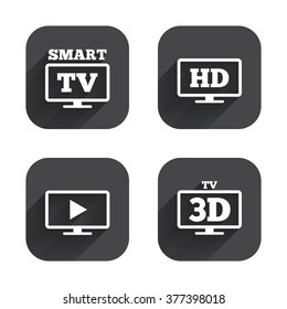 Smart TV mode icon. Widescreen symbol. High-definition resolution. 3D Television sign. Square flat buttons with long shadow.