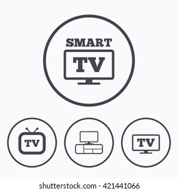 Smart TV mode icon. Widescreen symbol. Retro television and TV table signs. Icons in circles.