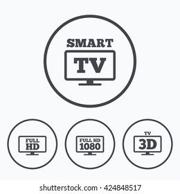 Smart TV Mode Icon. Widescreen Symbol. Full Hd 1080p Resolution. 3D Television Sign. Icons In Circles.