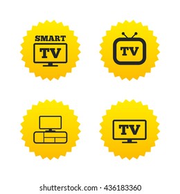 Smart TV mode icon. Widescreen symbol. Retro television and TV table signs. Yellow stars labels with flat icons. Vector