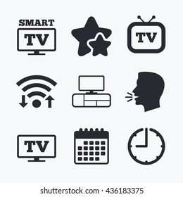 Smart TV Mode Icon. Widescreen Symbol. Retro Television And TV Table Signs. Wifi Internet, Favorite Stars, Calendar And Clock. Talking Head. Vector