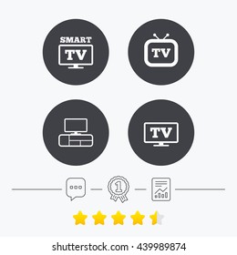 Smart TV mode icon. Widescreen symbol. Retro television and TV table signs. Chat, award medal and report linear icons. Star vote ranking. Vector