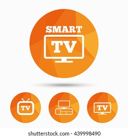 Smart TV mode icon. Widescreen symbol. Retro television and TV table signs. Triangular low poly buttons with shadow. Vector