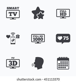 Smart TV mode icon. Widescreen symbol. Full hd 1080p resolution. 3D Television sign. Flat talking head, calendar icons. Stars, like counter icons. Vector