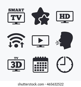 Smart TV Mode Icon. Widescreen Symbol. High-definition Resolution. 3D Television Sign. Wifi Internet, Favorite Stars, Calendar And Clock. Talking Head. Vector