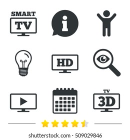 Smart TV mode icon. Widescreen symbol. High-definition resolution. 3D Television sign. Information, light bulb and calendar icons. Investigate magnifier. Vector