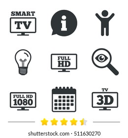 Smart TV mode icon. Widescreen symbol. Full hd 1080p resolution. 3D Television sign. Information, light bulb and calendar icons. Investigate magnifier. Vector