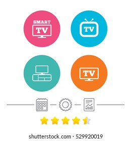 Smart TV mode icon. Widescreen symbol. Retro television and TV table signs. Calendar, cogwheel and report linear icons. Star vote ranking. Vector