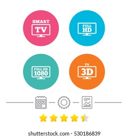 Smart TV mode icon. Widescreen symbol. Full hd 1080p resolution. 3D Television sign. Calendar, cogwheel and report linear icons. Star vote ranking. Vector