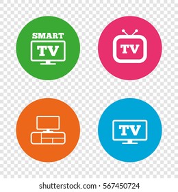 Smart TV mode icon. Widescreen symbol. Retro television and TV table signs. Round buttons on transparent background. Vector