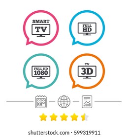 Smart TV mode icon. Widescreen symbol. Full hd 1080p resolution. 3D Television sign. Calendar, internet globe and report linear icons. Star vote ranking. Vector