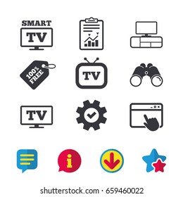 Smart TV mode icon. Widescreen symbol. Retro television and TV table signs. Browser window, Report and Service signs. Binoculars, Information and Download icons. Stars and Chat. Vector