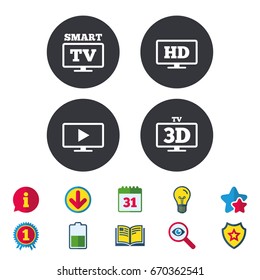 Smart TV mode icon. Widescreen symbol. High-definition resolution. 3D Television sign. Calendar, Information and Download signs. Stars, Award and Book icons. Light bulb, Shield and Search. Vector