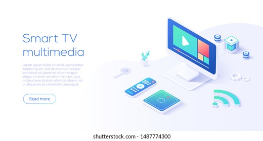 Smart tv multimedia concept in isometric vector illustration. Television set with remote control and mediaplayer box connected via wi-fi internet. Iot or smart home. Web banner layout template for web