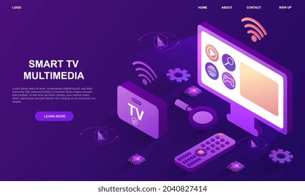 Smart tv multimedia. Modern technologies, new devices. Television set with remote control and mediaplayer box. Widescreen display. Cartoon 3d vector illustration isolated on violet background