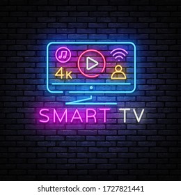 Smart TV neon sign vector design template. Smart TV Monitor neon design, light banner, design element, night bright advertising, bright sign. Vector illustration.