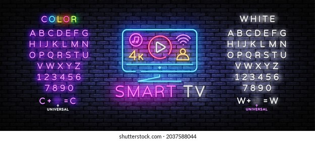 Plantilla de diseño de vector de signo de neón de Smart TV. Diseño de neón Smart TV Monitor, banner de luz, elemento de diseño, publicidad nocturna brillante, signo luminoso. Ilustración vectorial. Editar el signo de neón de texto