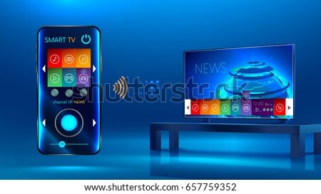 Smart TV is on the table. Smart TV interface. A smartphone is a remote for a smart TV. Interface for Smartphone app. Vector