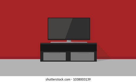 Smart TV on tv table with red background