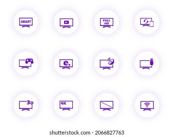 Kleine, violette Vektorsymbole auf hellrunden Tasten mit violettem Schatten. Icon-Set für Web, mobile Apps, i-Design und Print