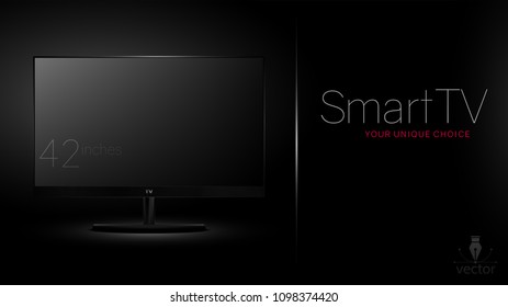 Smart TV, ready advertising design template. Vector realistic TV mockup. Dark style design.