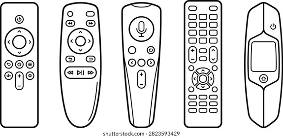Smart TV Remote Control Line Art Icon Set Featuring Streaming Media Players Voice Command Controllers and Cable Television Hardware Symbols