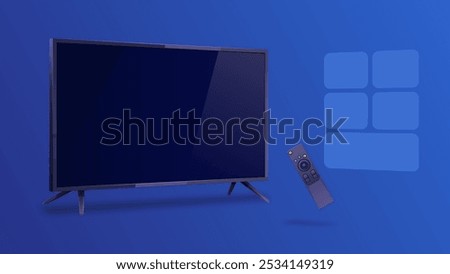 Smart TV with remote control on blue background. Vector template of TV for placing image, text, advertisement. Household appliances, home goods, business illustration, e-commerce, poster, banner.