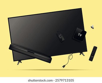 Smart tv, remote control, soundbar, tv set-top box and flash drive levitation in the air