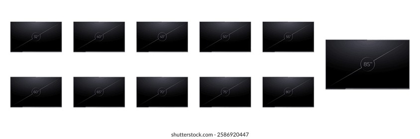 Smart TV screen size set. Diagonal screen size in 32, 40, 43, 50, 55, 60, 65, 70, 75, 80, 85 inches. LED TV display collection. Vector illustration