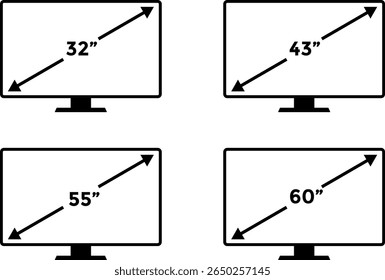smart tv screen sizes icon set. 32, 43, 55,60 inches. Display Screen Symbol. Computer monitor. Screen inches size. mass category of laptops
