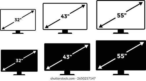 smart tv screen sizes icon set. 32, 43, 55,60 inches . Display Screen Symbol. Computer monitor. Screen inches size. mass category of laptops

