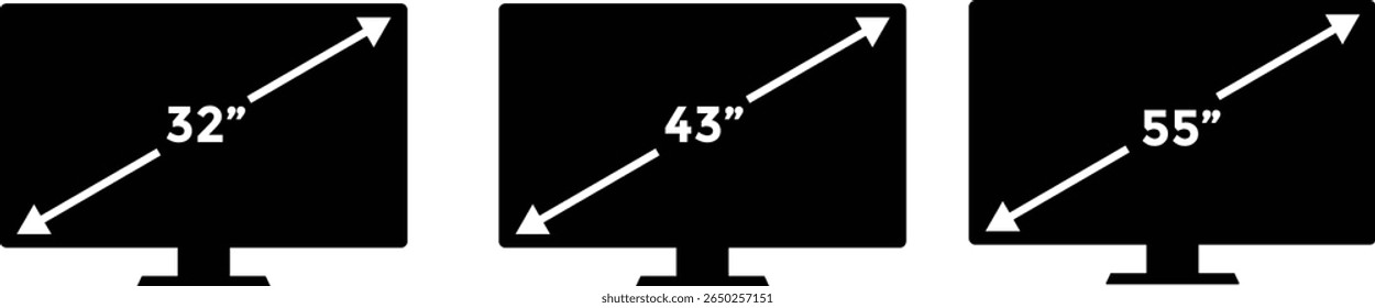 smart tv screen sizes icon set. 32, 43, 55 inches. Display Screen Symbol. Computer monitor. Screen inches size. mass category of laptops
