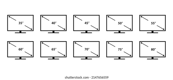 Smart TV screen vector icons set. Diagonal screen size sign. Led television display symbol