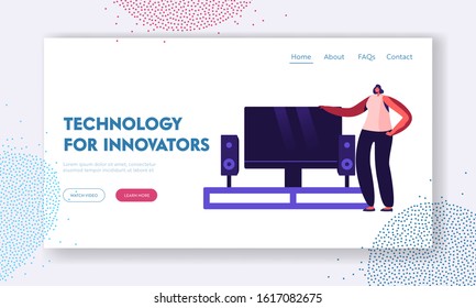 Smart Tv Technologies Website Landing Page. Woman Stand in Living Room near Home Cinema Multimedia Center with Television and Huge Dynamics. Iot Web Page Banner. Cartoon Flat Vector Illustration