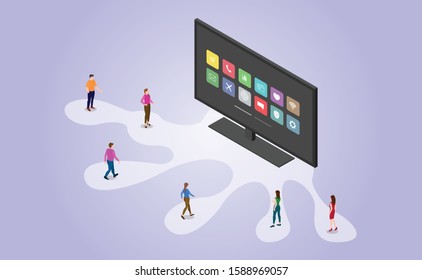 smart tv technology with apps icon and people with isometric modern flat style - vector