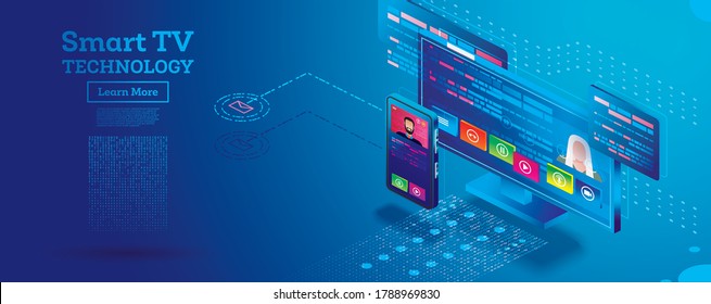 Concepto isométrico de la tecnología Smart TV. Ilustración vectorial. Control remoto desde Smartphone. Interfaz de Smart TV.