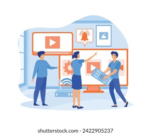 Smart tv technology with little people design concept. flat vector modern illustration 