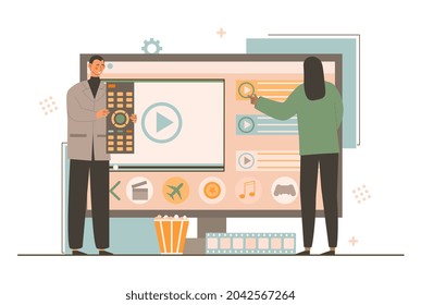 Smart Tv technology. Man with remote control show girl all possibilities of new device. New features, technical progress, streaming concept. Flat vector illustration isolated on white background