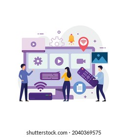 Smart tv technology with tiny people design concept vector illustration